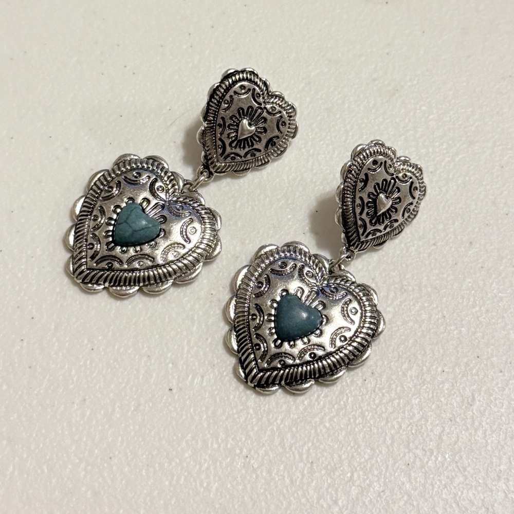 Western Silver and Turquoise Heart Drop Earrings - Picture 6 of 6